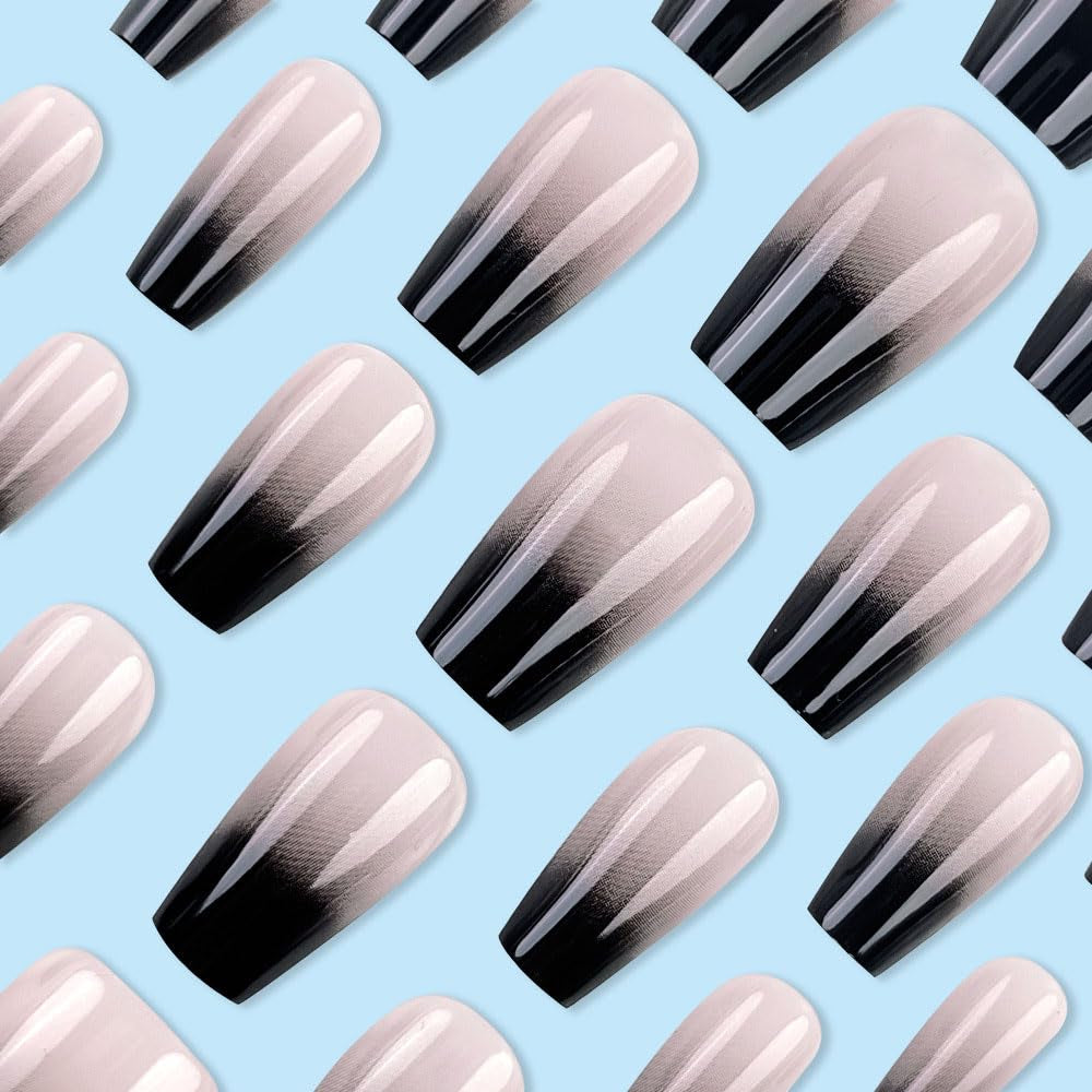 24 Pcs Black White Ombre Press on Nails Short Square - Summer Fake Nails Press Ons Nails Tips Design Full Cover French False Nails Glue on Nails Stick on Nails Acrylic Nail Art DIY for Women